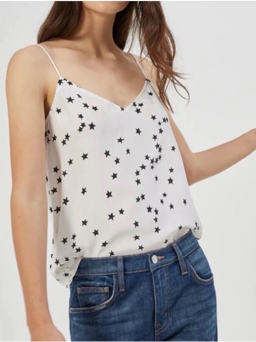 EQUIPMENT Layla White Star-Print V-Neck Cami Top 100% silk